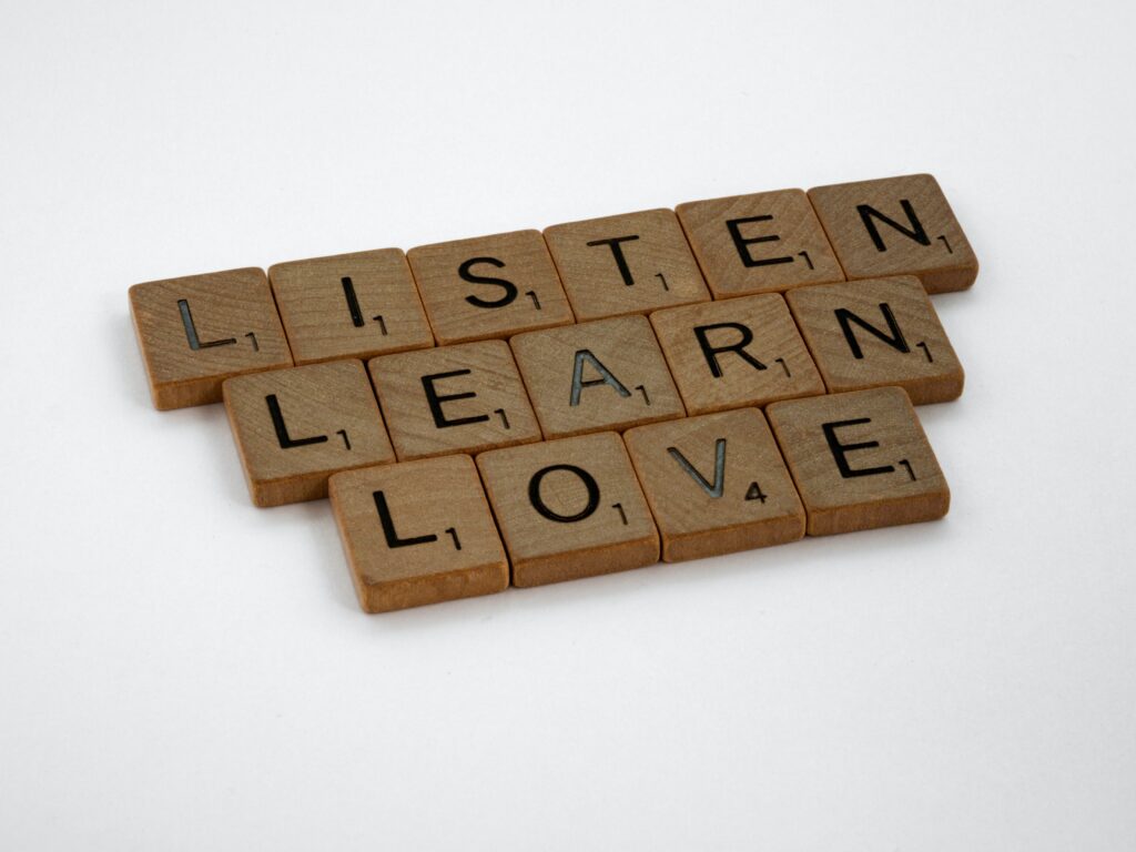 listen learn love scrabble letters